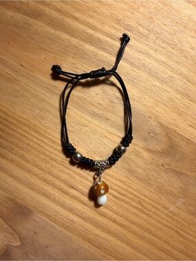 Black Cord Bracelet with Brown & White Mushroom Charm